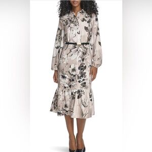 NEW Calvin Klein Long Balloon Sleeve Collared Neck Belted Ruffle Hem Midi Dress
